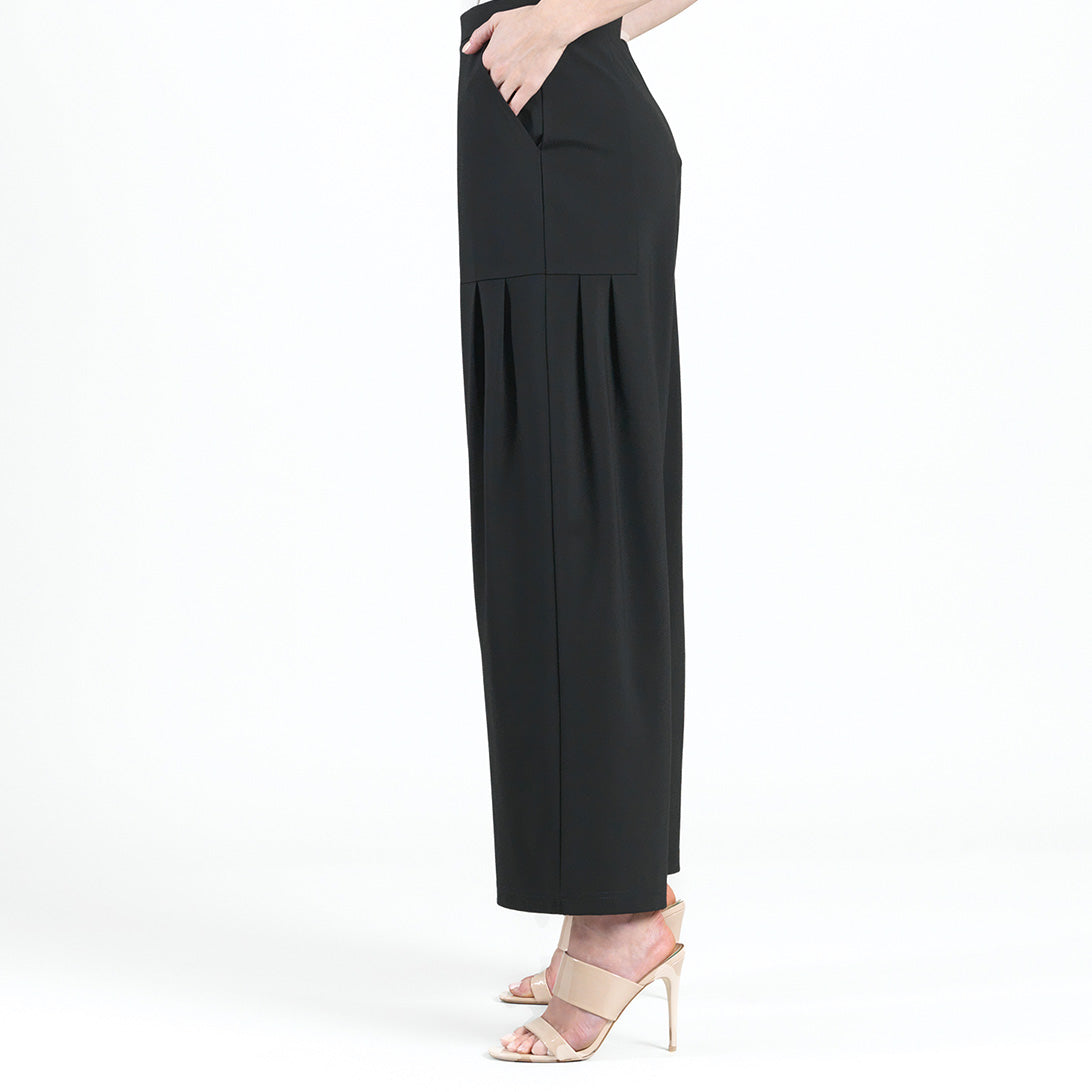 Rayon-Ponte Knit - Pleated Wide Leg Pocket Pant - Black - Clara Sunwoo
