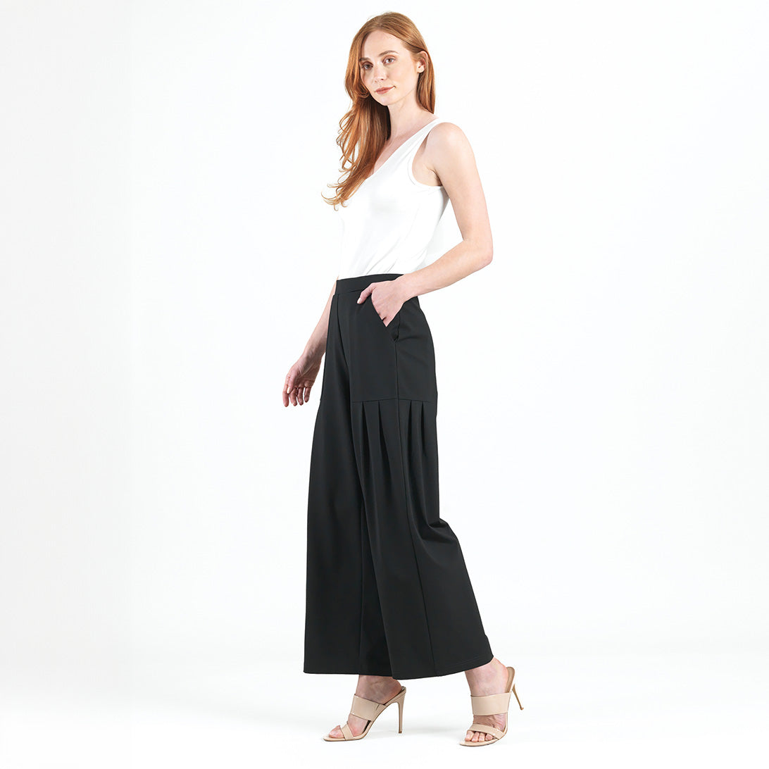 Rayon-Ponte Knit - Pleated Wide Leg Pocket Pant - Black - Clara Sunwoo