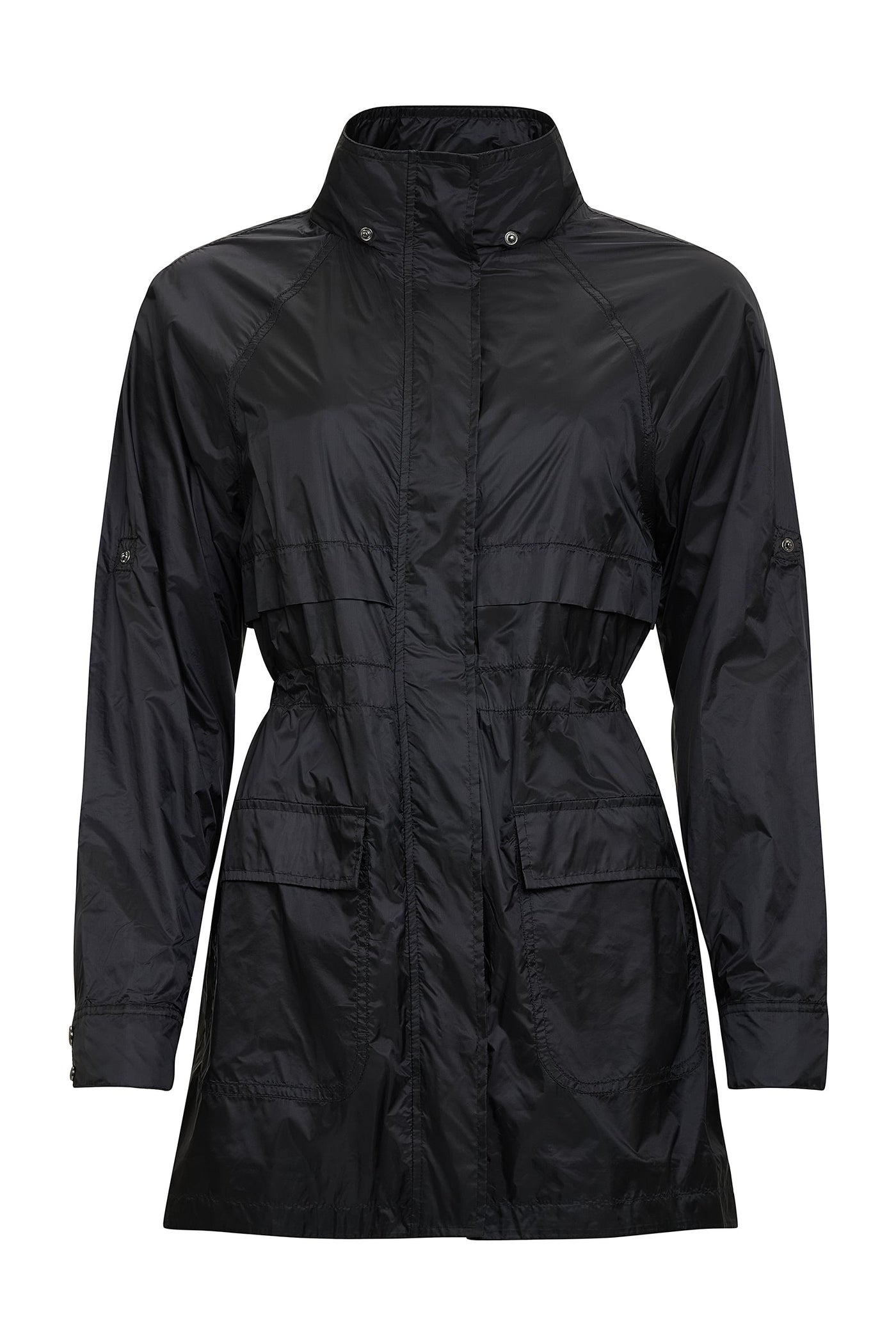 The Best Travel Jacket. Flat Lay of a Ramona Windbreaker Jacket in Black.