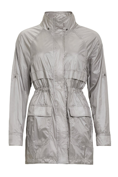 The Best Travel Jacket. Flat Lay of a Ramona Windbreaker Jacket in Silver Grey.