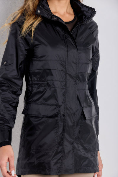 The Best Travel Jacket. Front Profile of a Ramona Windbreaker Jacket in Black.