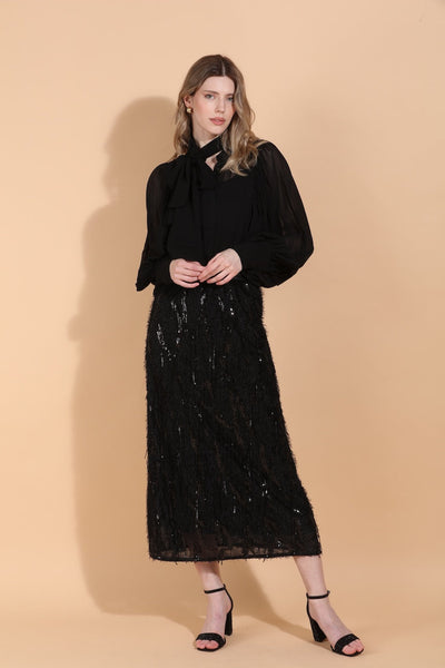 Eyelash Textured Midi Skirt with Sequin Embellishment
