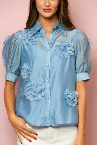Emery Tencel Blouse with Flower Appliqué In Blue