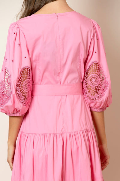 Hannah V-Neck Cotton Dress with Lace Sleeves In Pink