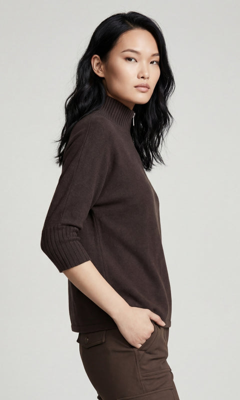 Lucely Elbow-Sleeve Quarter Zip Mock Neck