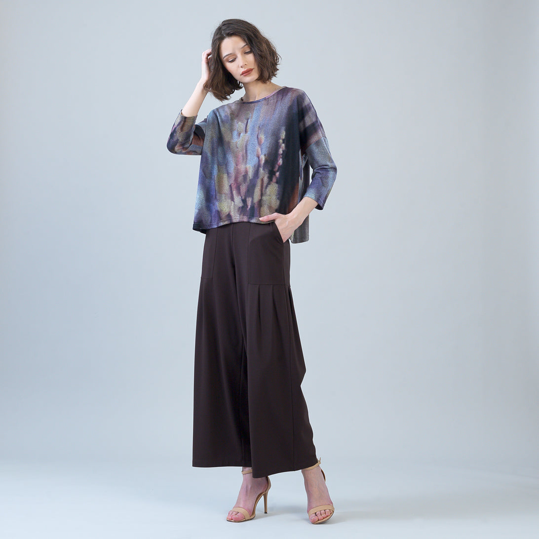 Rayon-Ponte Knit - Pleated Wide Leg Pocket Pant - Brown