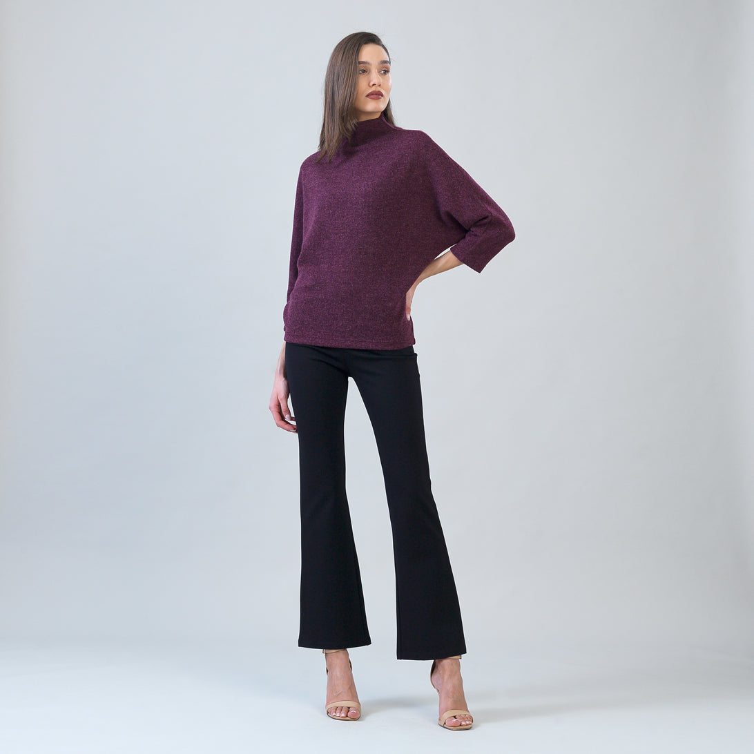 Plush Ribbed - Funnel Neck Sweater - Plum
