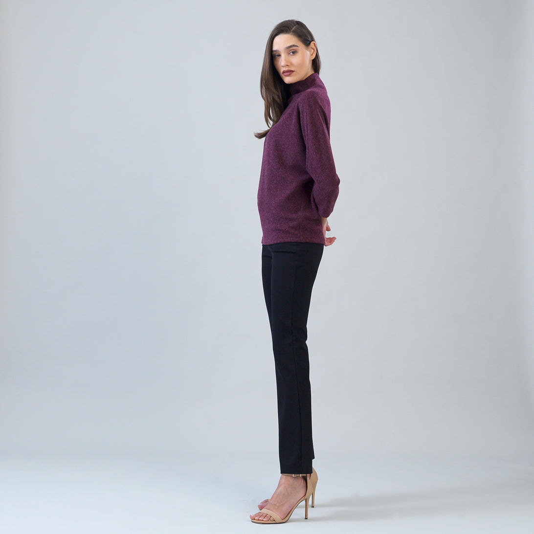 Plush Ribbed - Funnel Neck Sweater - Plum