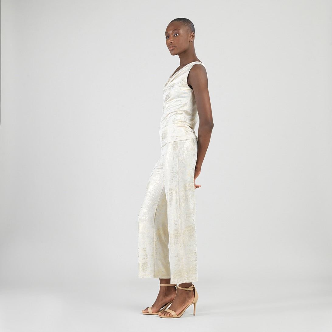 Foil Sheen - Cowl Neck Draped Tank - Champagne