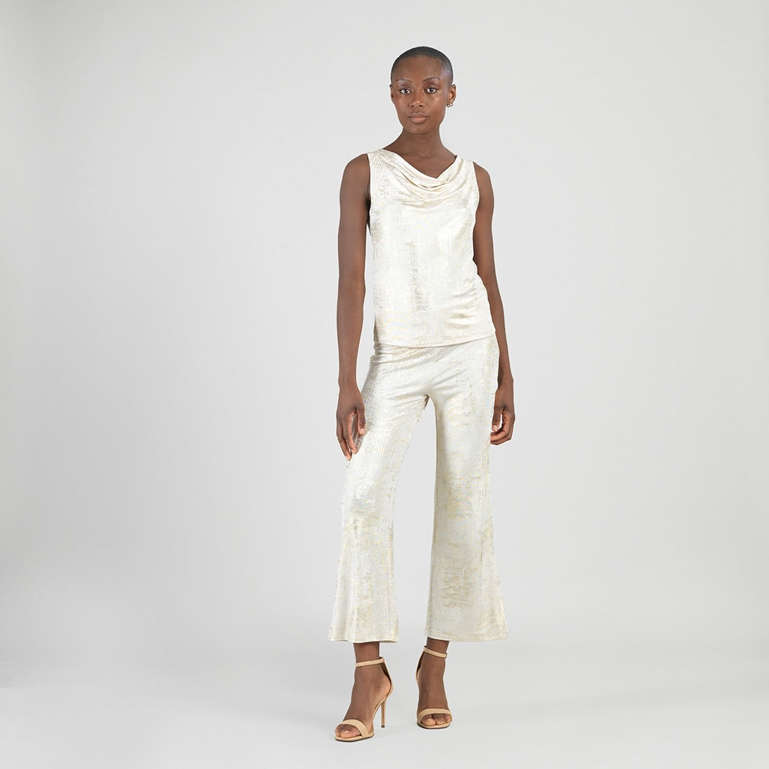 Foil Sheen - Cowl Neck Draped Tank - Champagne