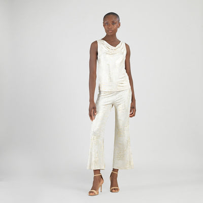 Foil Sheen - Cowl Neck Draped Tank - Champagne