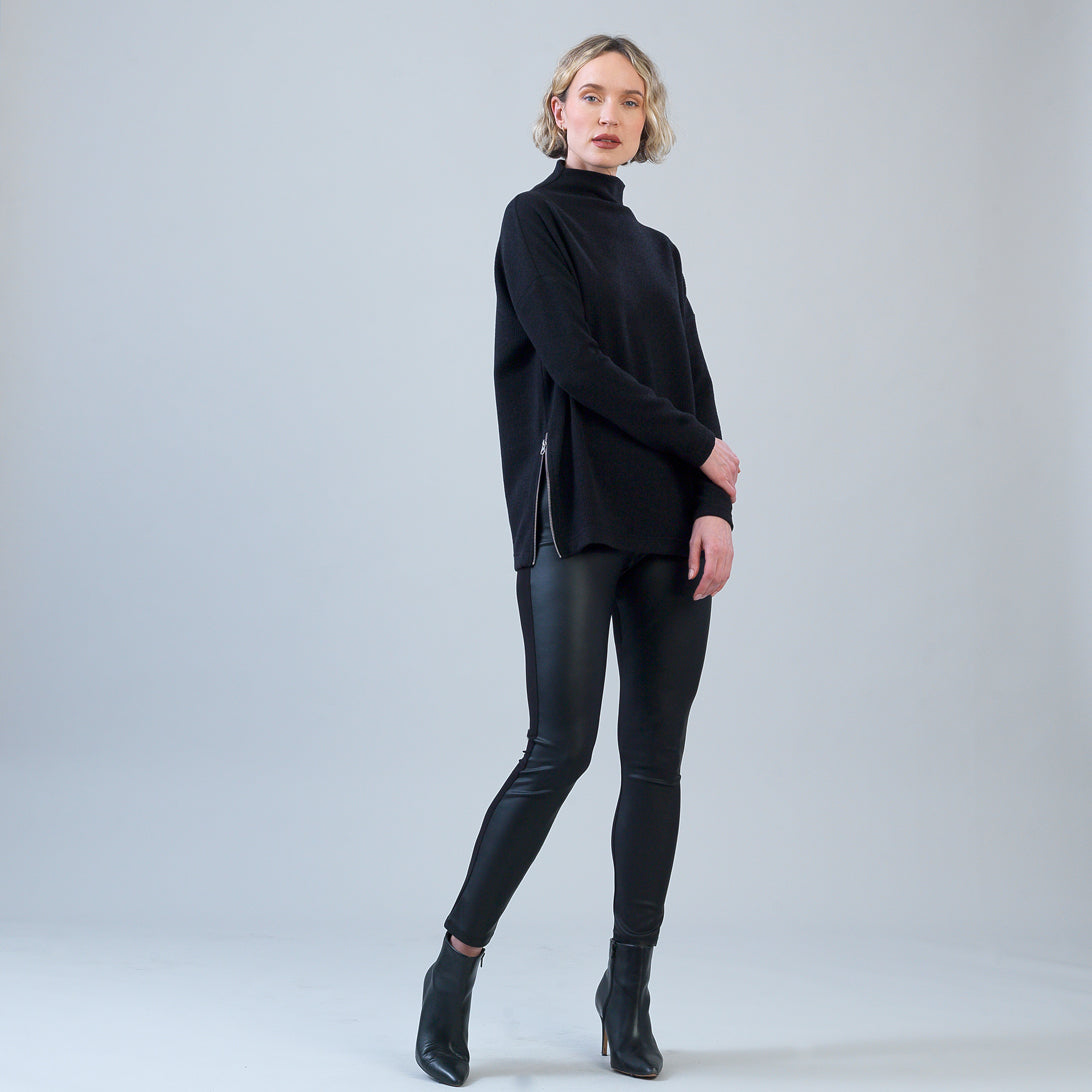 Plush Ribbed - Zipper Vent Tunic Sweater - Black