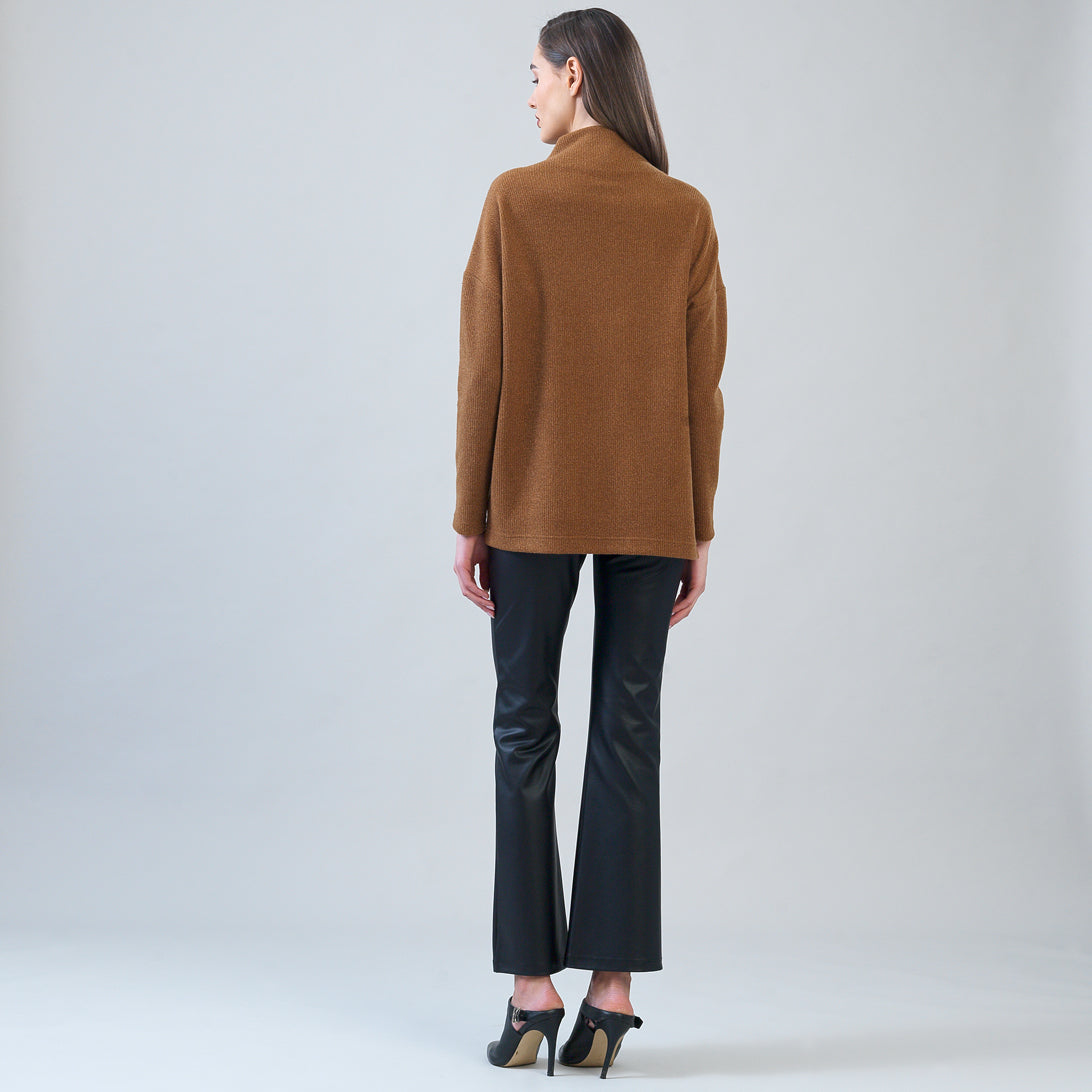 Plush Ribbed - Zipper Vent Tunic Sweater - Camel