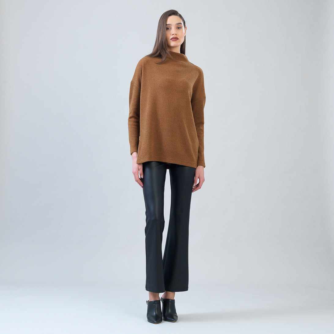 Plush Ribbed - Zipper Vent Tunic Sweater - Camel