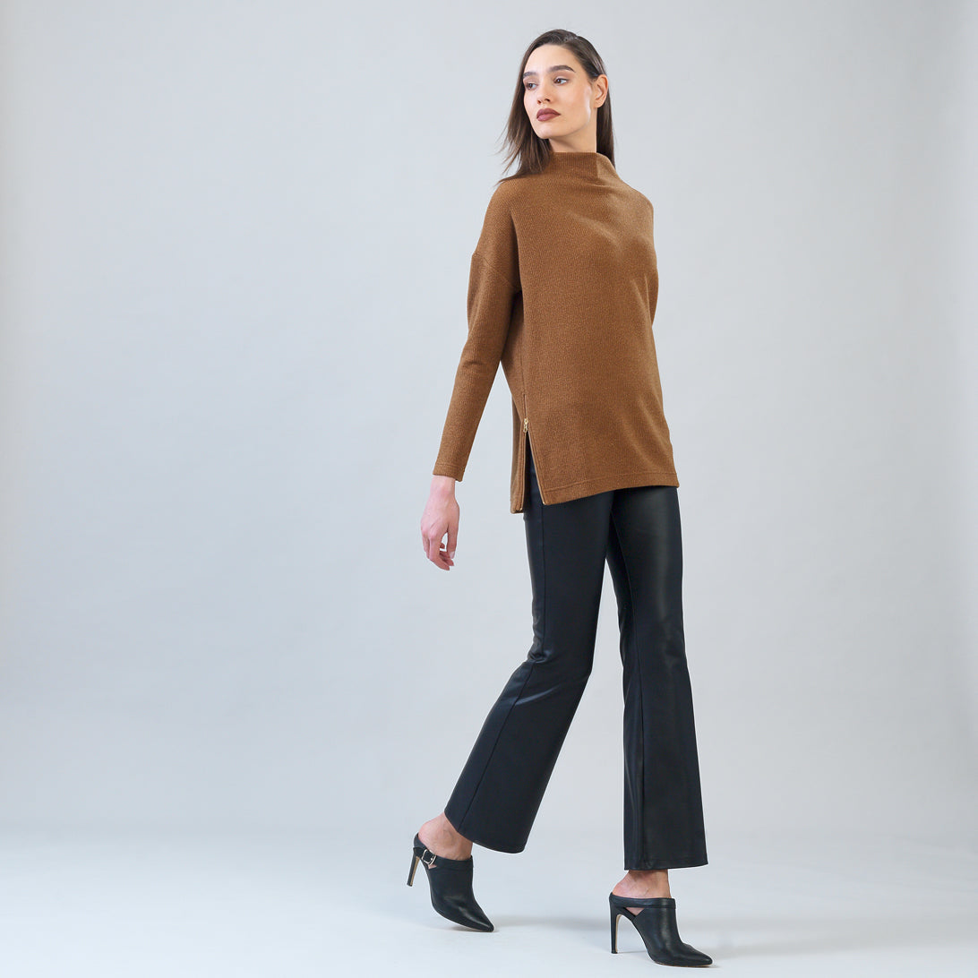 Plush Ribbed - Zipper Vent Tunic Sweater - Camel