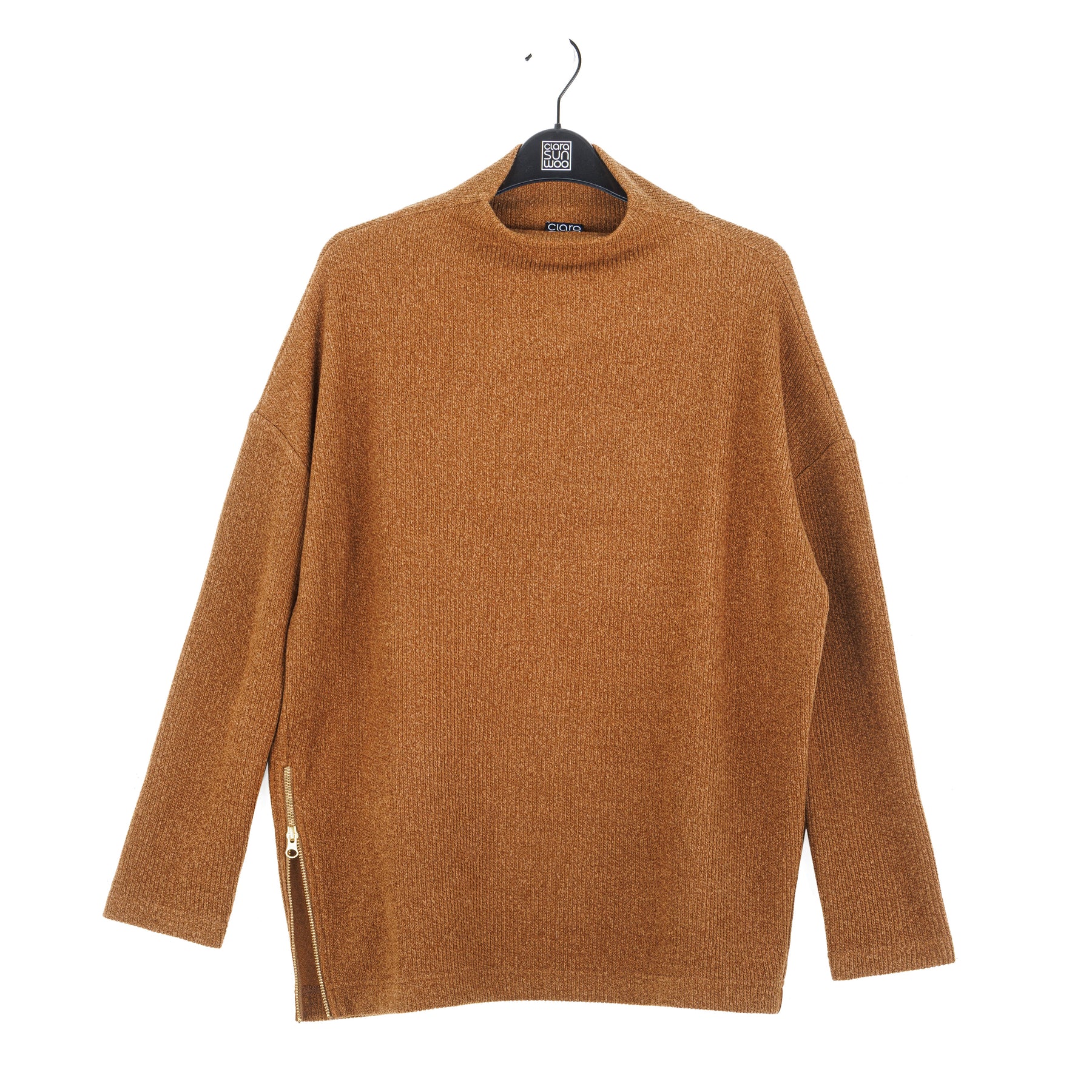 Plush Ribbed - Zipper Vent Tunic Sweater - Camel