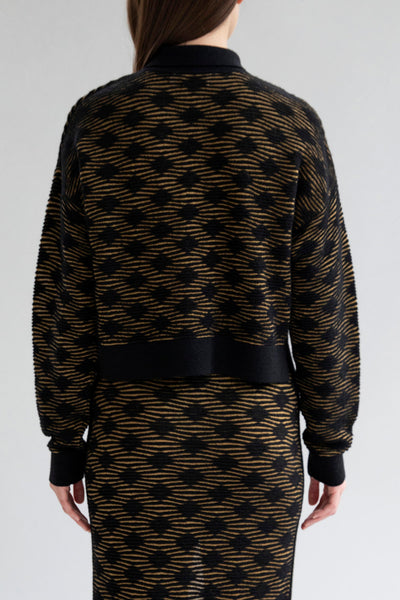 Full back view of a model wearing the Amelie Polo sweater in golden black.