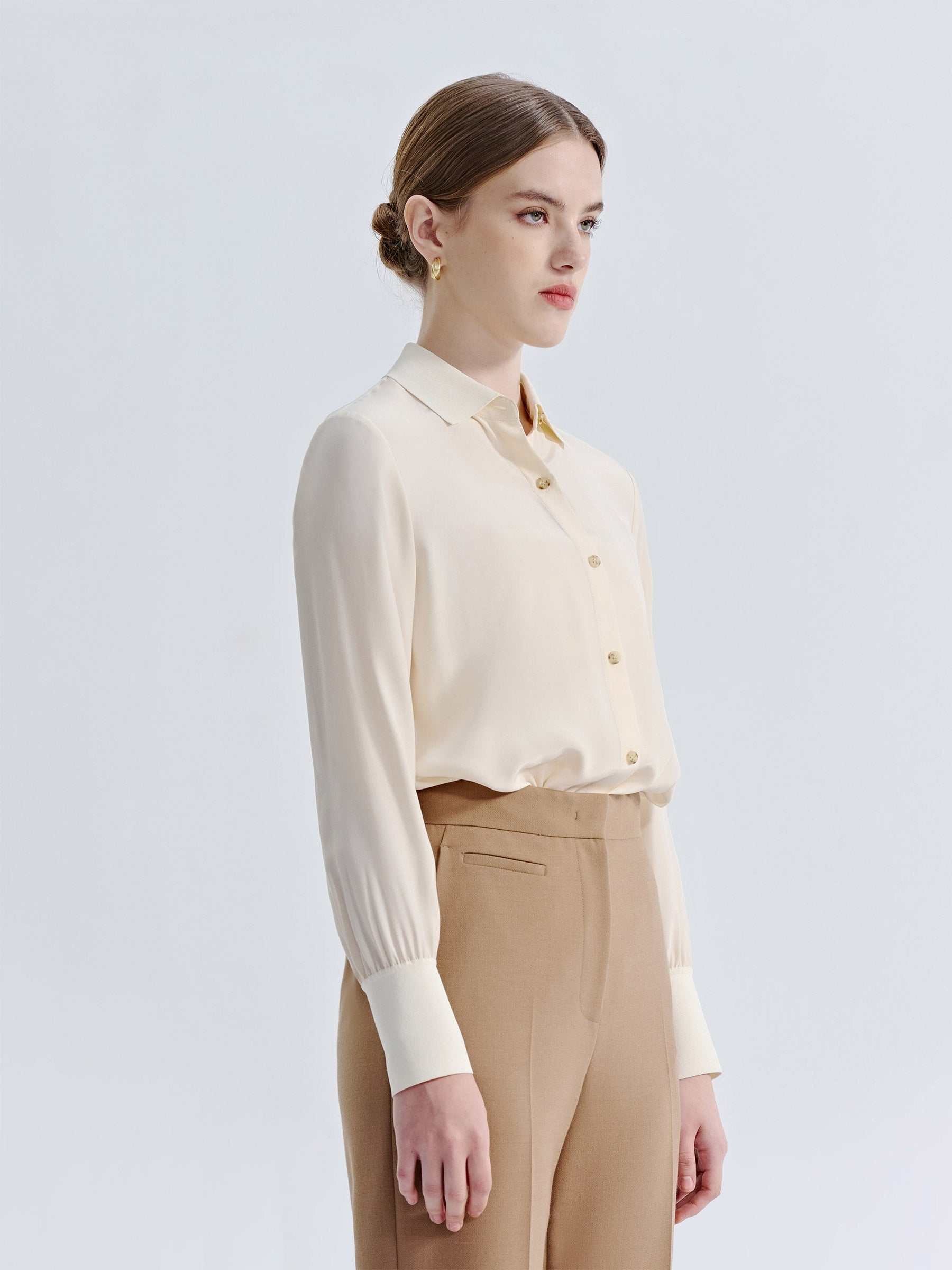 Silk Buttoned Down Blouse With Elastic Sleeve Detail