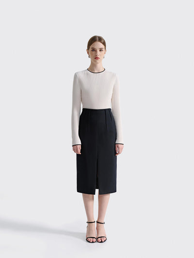 LONG SLEEVE RIB KNIT W/ TRIM DETAIL