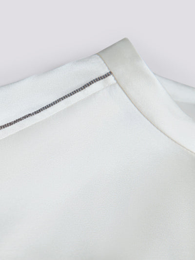 OPEN NECK CAP SLEEVE SILK BLOUSE W/ CHAIN DETAIL