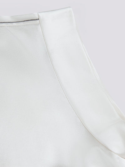 OPEN NECK CAP SLEEVE SILK BLOUSE W/ CHAIN DETAIL