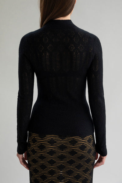 Full back view of a model wearing a black lace pointelle lightweight pullover sweater.
