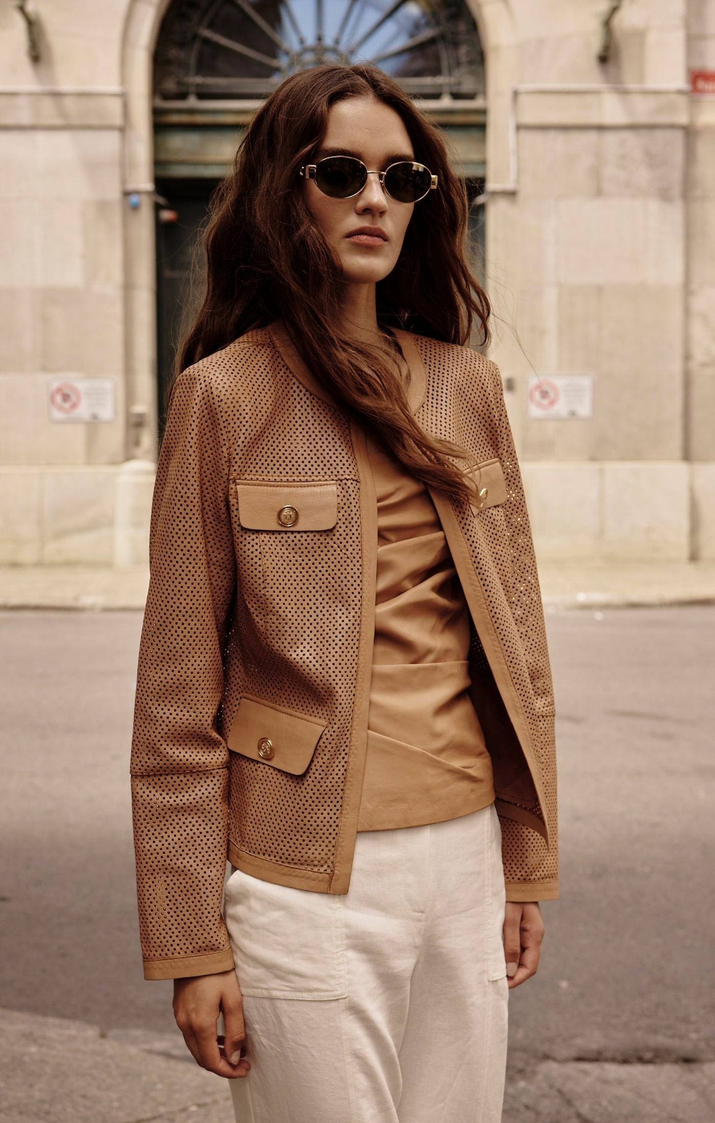 Long sleeve perforated leather jacket