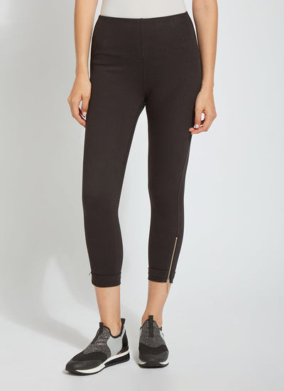 color=Black, front view, cropped denim jean leggings with zipper detail at hem and comfort waistband