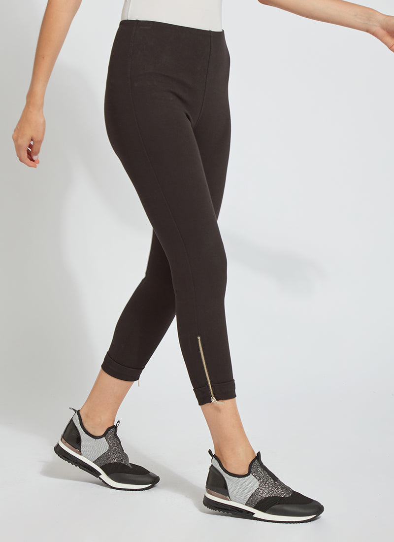 color=Black, side view, cropped denim jean leggings with zipper detail at hem and comfort waistband