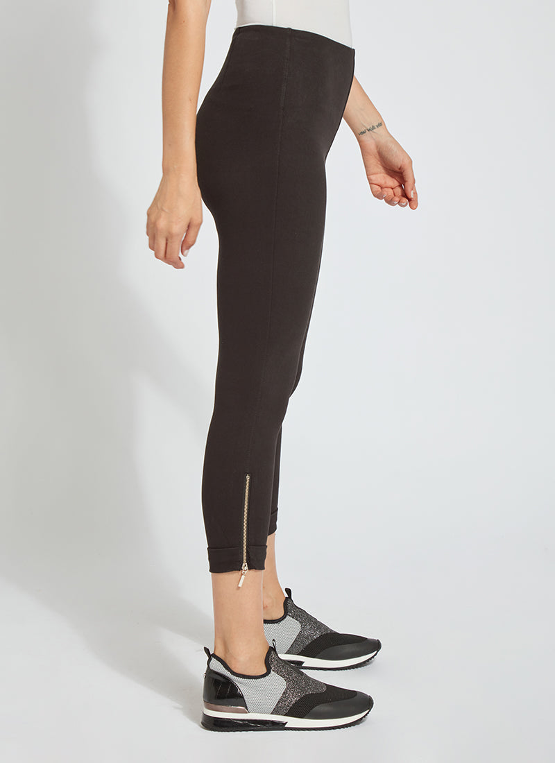 color=Black, side view, cropped denim jean leggings with zipper detail at hem and comfort waistband