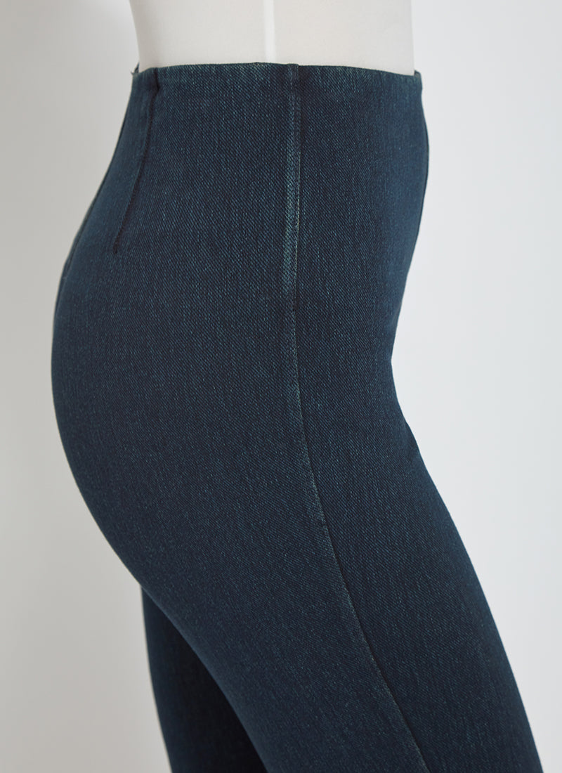color=Indigo, side waist detail, cropped denim jean leggings with zipper detail at hem and comfort waistband