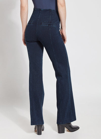 color=Indigo, back view, denim trouser with smooth fitting easy styling, smoothing waistband 
