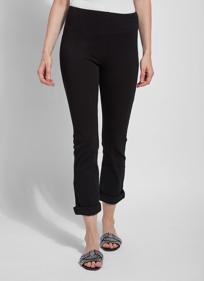 color=Black, front view of black, 4-way stretch, relaxed boyfriend denim jean legging, seen from waist down