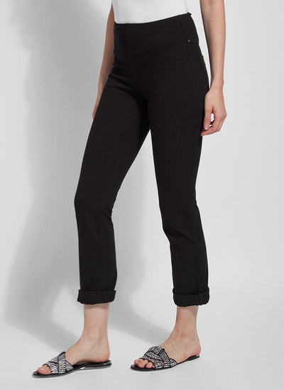 color=Black, Angled front view of black, 4-way stretch, relaxed boyfriend denim jean legging, seen from waist down