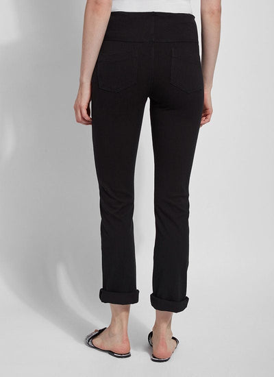 color=Black, Rear view of black, 4-way stretch, relaxed boyfriend denim jean legging, seen from waist down
