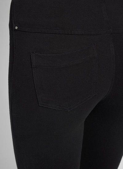 color=Black, Detailed rear view of black, 4-way stretch, relaxed boyfriend denim jean legging