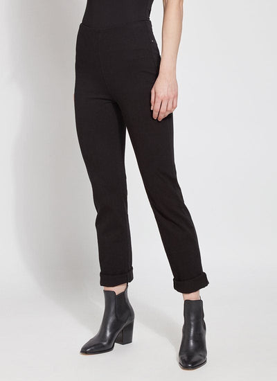 color=Black, Front view of black, 4-way stretch, relaxed boyfriend denim jean legging, seen from waist down
