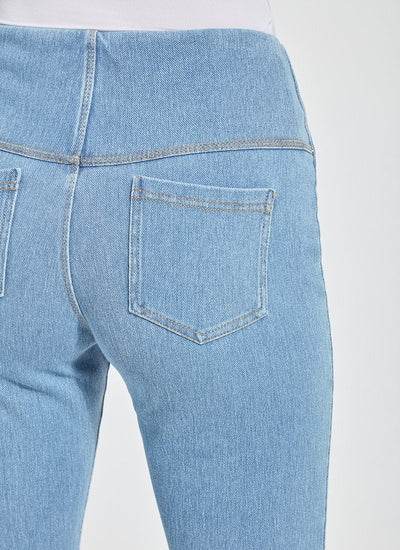 color=Bleached Blue, Rear detail of bleached blue, 4-way stretch, relaxed boyfriend denim jean legging