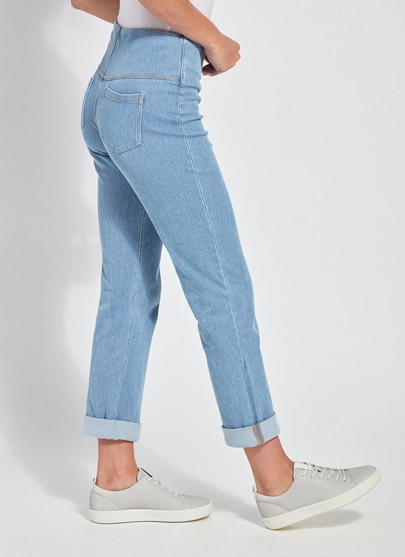 color=Bleached Blue, Side view of bleached blue, 4-way stretch, relaxed boyfriend denim jean legging, from waist down