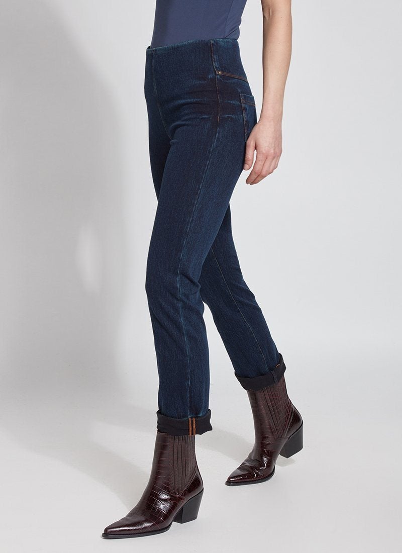 color=Indigo, Angled front view of indigo  4-way stretch, relaxed boyfriend denim jean legging, seen from waist down