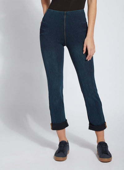 color=Indigo, Front view of 4-way stretch, relaxed boyfriend denim jean legging in indigo color, seen from waist down
