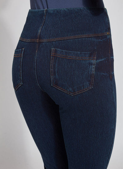 color=Indigo, Detailed rear view of  indigo 4-way stretch, relaxed boyfriend denim jean legging