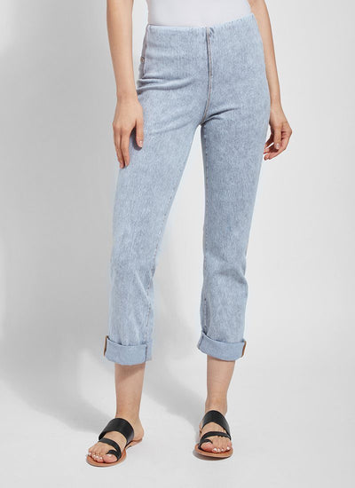 color=Light Grey, Front view of light grey, 4-way stretch, relaxed boyfriend denim jean legging, seen from waist down