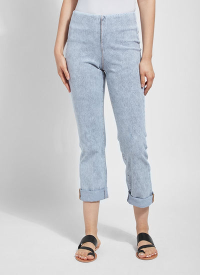 color=Light Grey, Front view of light grey, 4-way stretch, relaxed boyfriend denim jean legging, seen from waist down