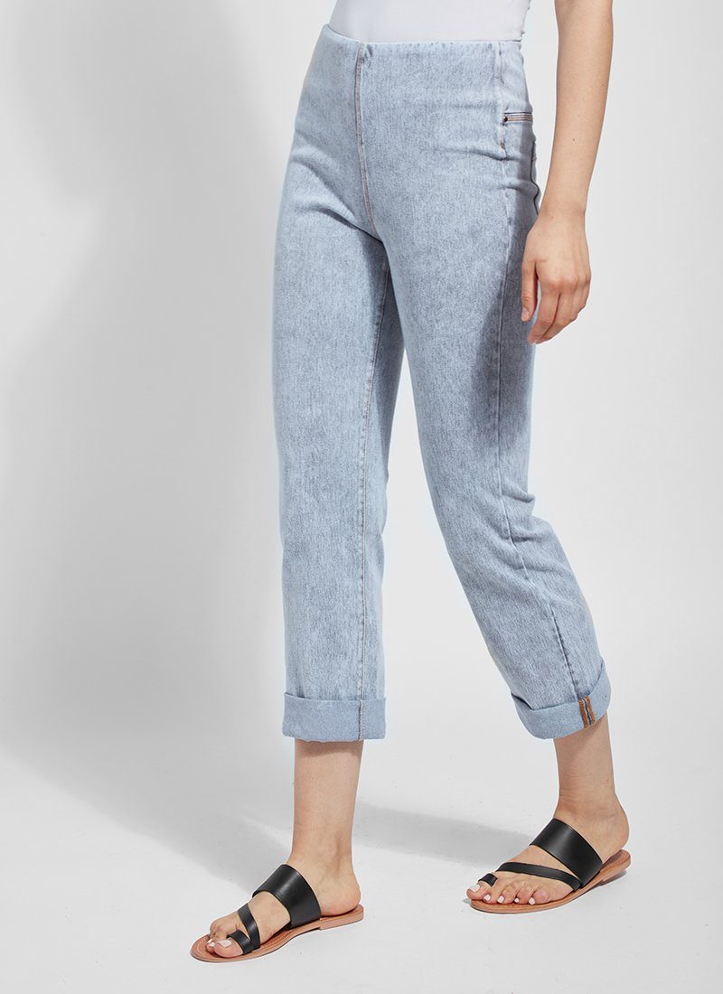 color=Light Grey, Angled front view of light grey, 4-way stretch, relaxed boyfriend denim jean legging, seen from waist down