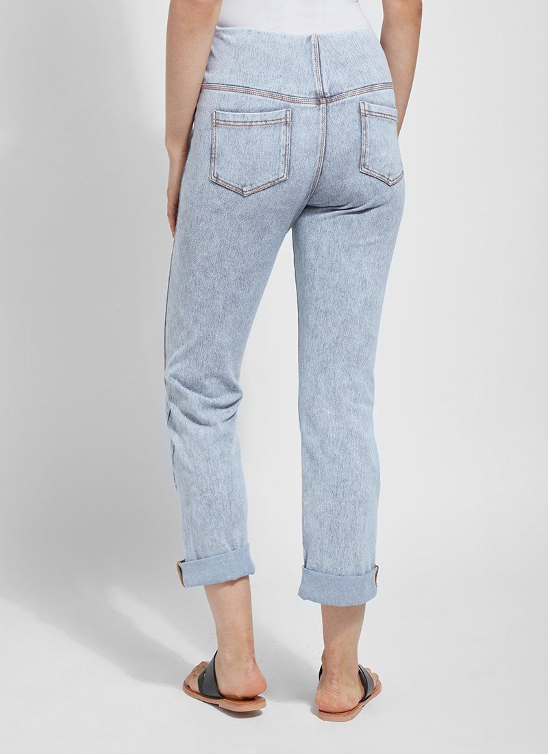 color=Light Grey, Rear view of light grey, 4-way stretch, relaxed boyfriend denim jean legging, seen from waist down
