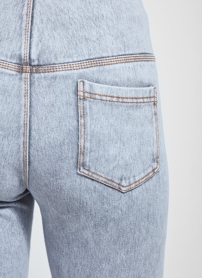 color=Light Grey, Detailed rear view of light grey 4-way stretch, relaxed boyfriend denim jean legging