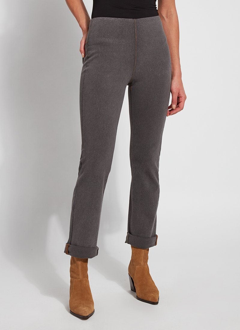 color=Mid Grey, Front view of mid grey 4-way stretch, relaxed boyfriend denim jean legging