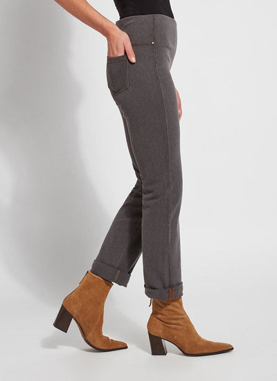 color= Mid Grey, Side view of mid grey, 4-way stretch, relaxed boyfriend denim jean legging
