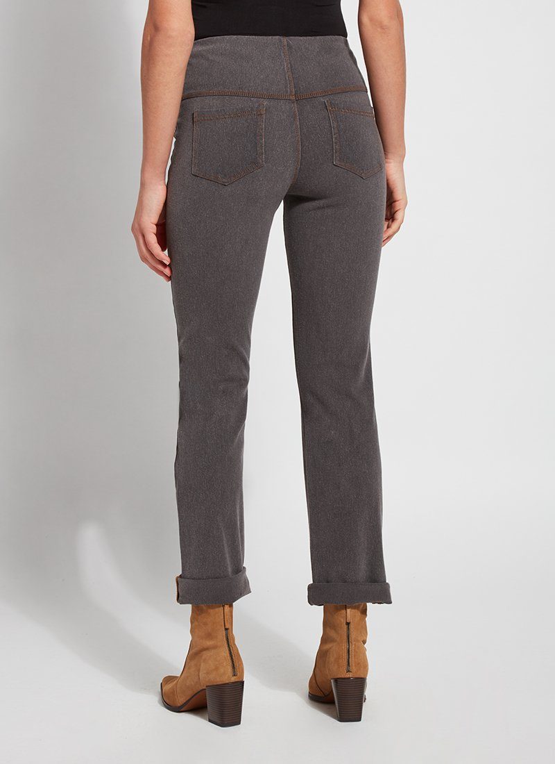 color=Mid Grey, Rear view of mid grey, 4-way stretch, relaxed boyfriend denim jean legging, from waist down 